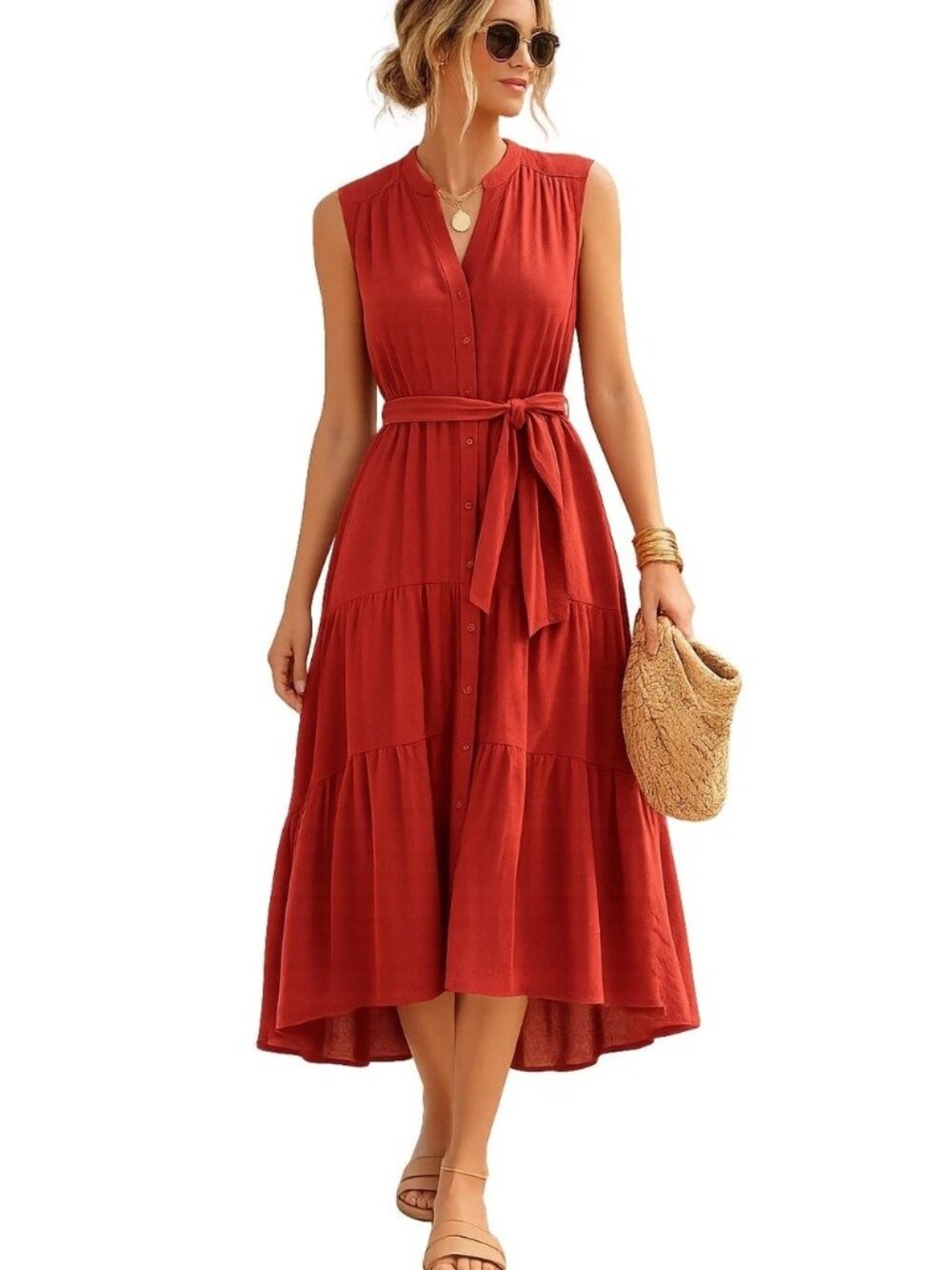 Anthropologie Drew Cotton Midi Dress With Belt Amber High-Low Size M